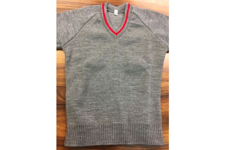 Grey V Neck Jumper with Red Trim