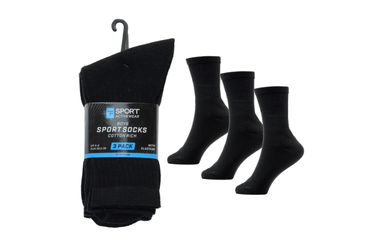  Hover to zoom  KIDS 3 PACK BLACK SPORT SOCKS - SIZE 4-6
